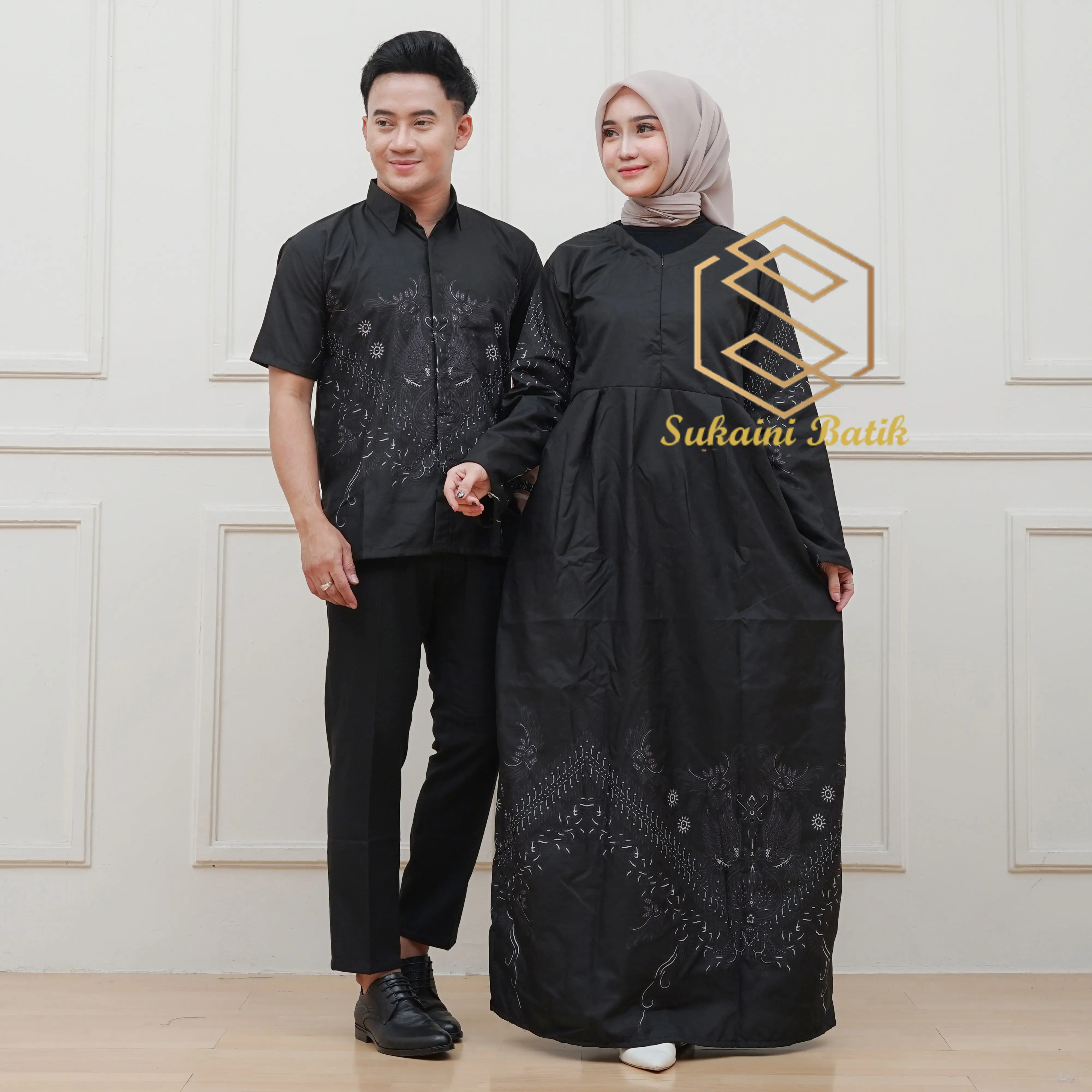 harga sepasang couple batik modern kekinian sarimbit gamis dan kemeja polyester super premium Muslim Baju Pasangan Wanita Kondangan Pesta