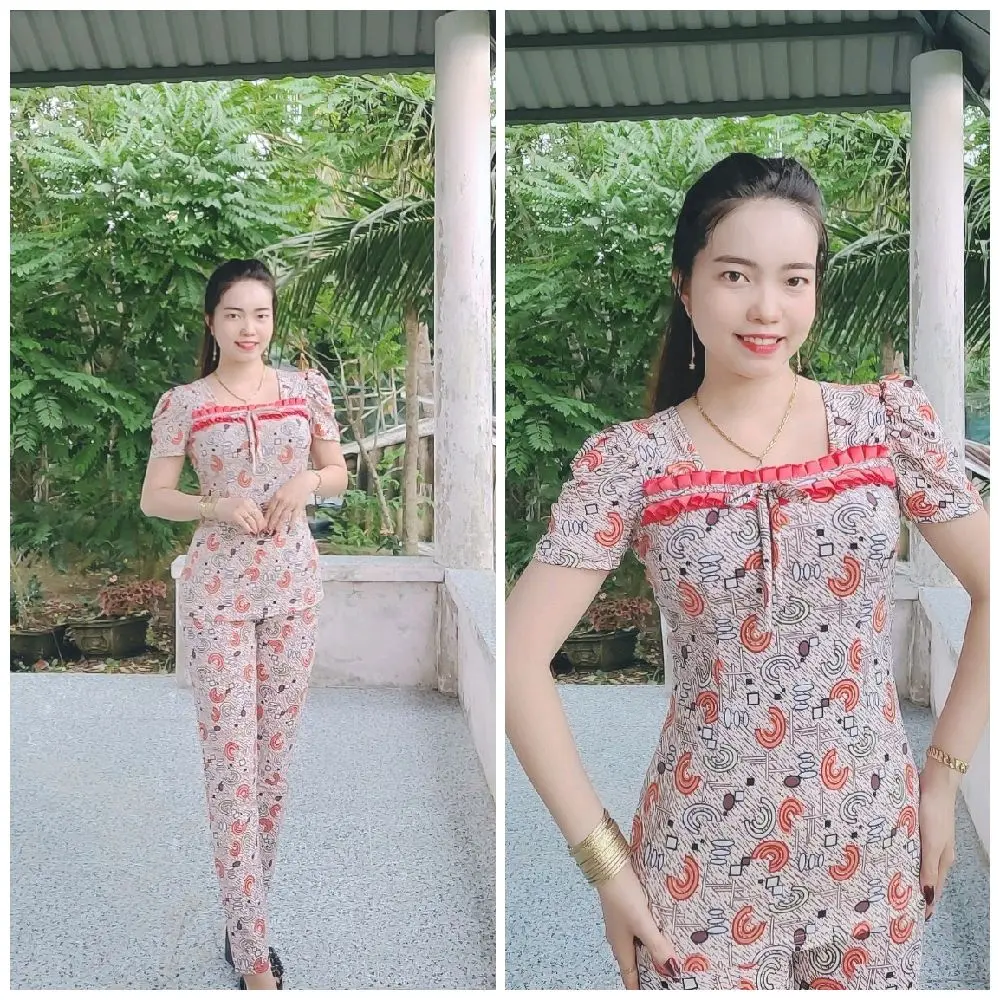 Đồ bộ nữ mẫu Mới vuông phối bèo màu tay phồng quần dài ống nhỏ từ 40-78kg Thun - Áo