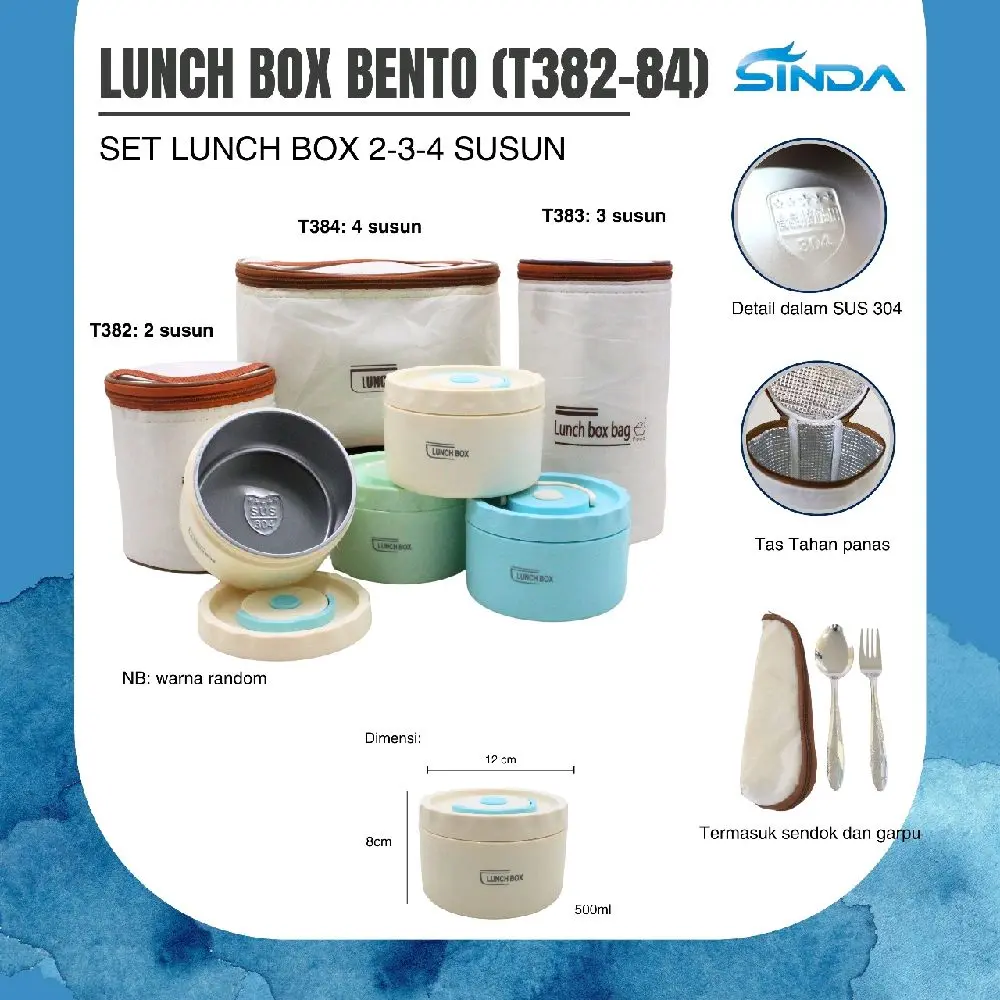 Sinda Kotak Bekal Premium T382-84 Bahan Stainless SUS304 Food Grade 500ml Isi 2-4 Set Lunch Box Bento 2-3-4 Susun Include Tas Sendok Garpu
