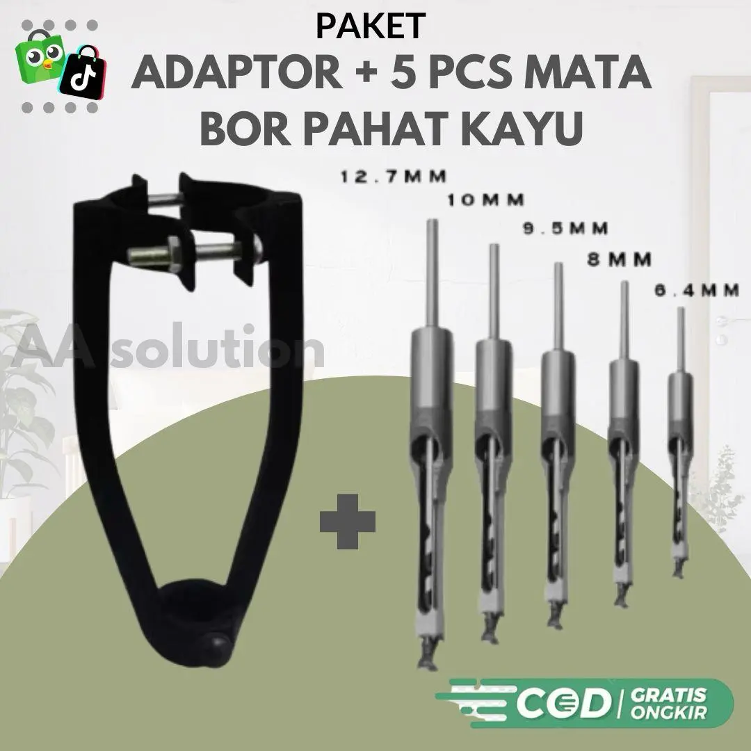 PAKET ADAPTOR/DUDUKAN DAN MATA BOR PAHAT KAYU UKURAN (6,4mm)-8mm)(9,7mm)-10mm)(12,7mm)