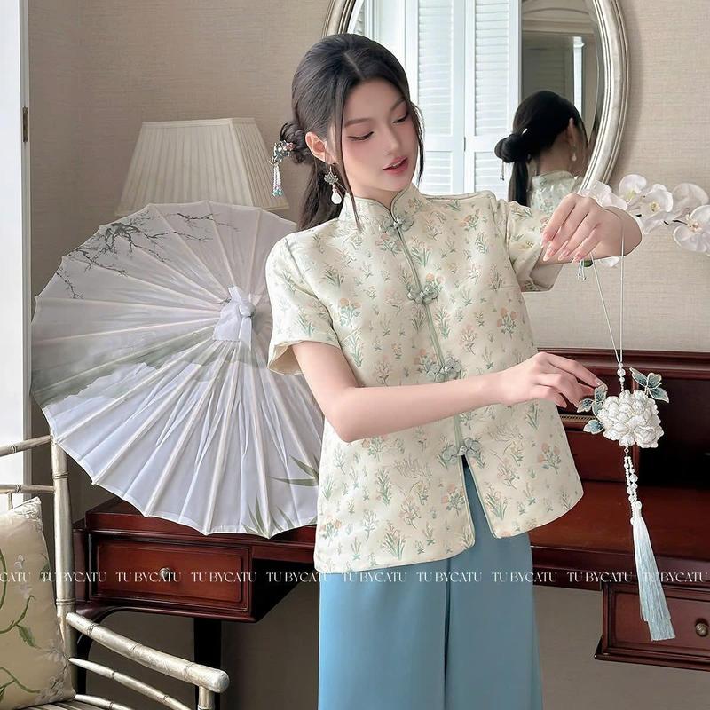 TUBYCATU | Áo gấm bông xanh cổ trụ 4 nút tàu