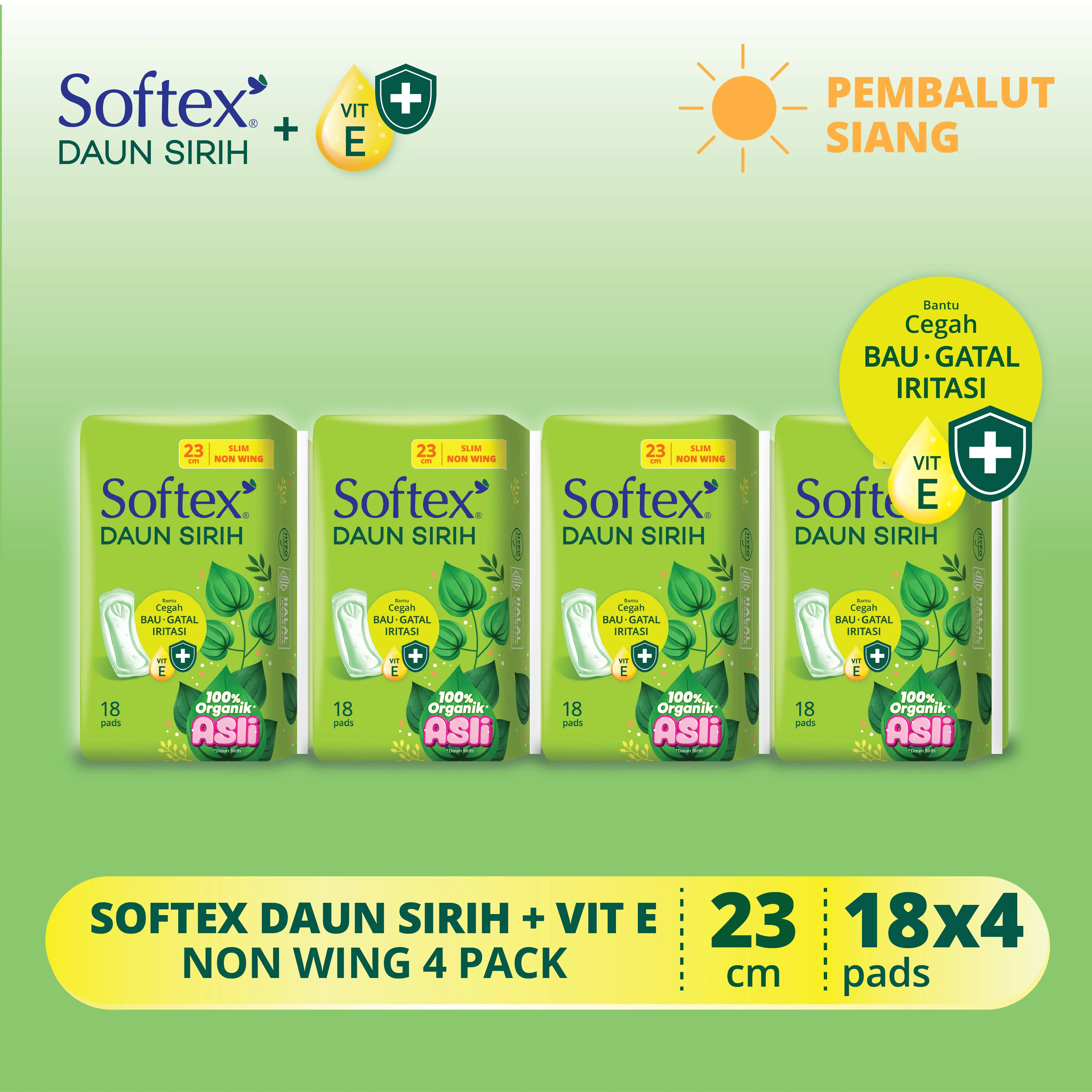 Softex Daun Sirih + Vitamin E Non Wing 23Cm 18s x 4 Pack - Pembalut Daun Sirih Siang