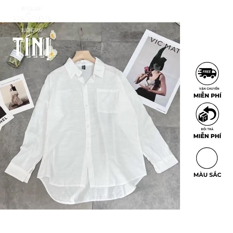 Áo khoác sơ mi trắng form rộng tay dài vạt bầu có túi vải đũi voan xước mỏng