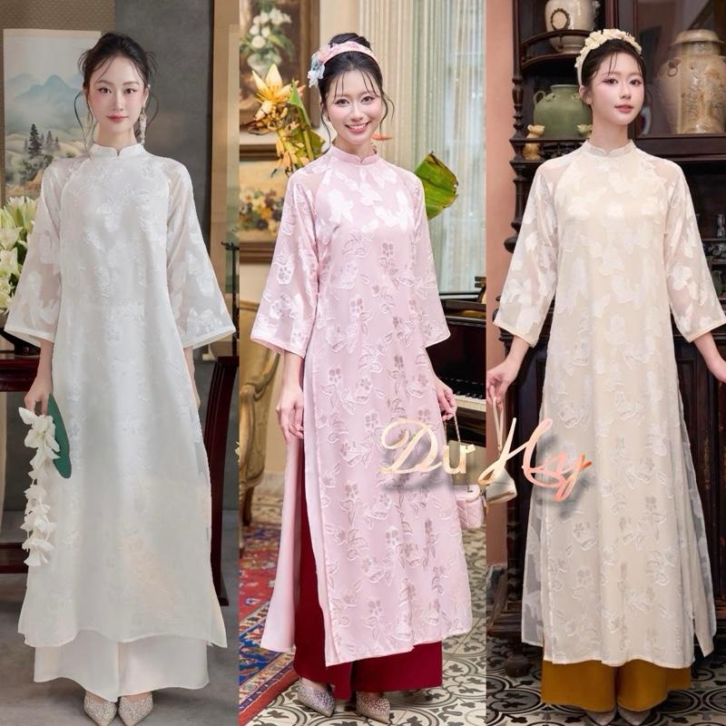  Áo dài cách tân Dư Hy cổ tàu 4 tà vải lụa tơ hoa nổi tay lỡ dáng suông mặc tết lễ đi chơi kèm quần lụa 