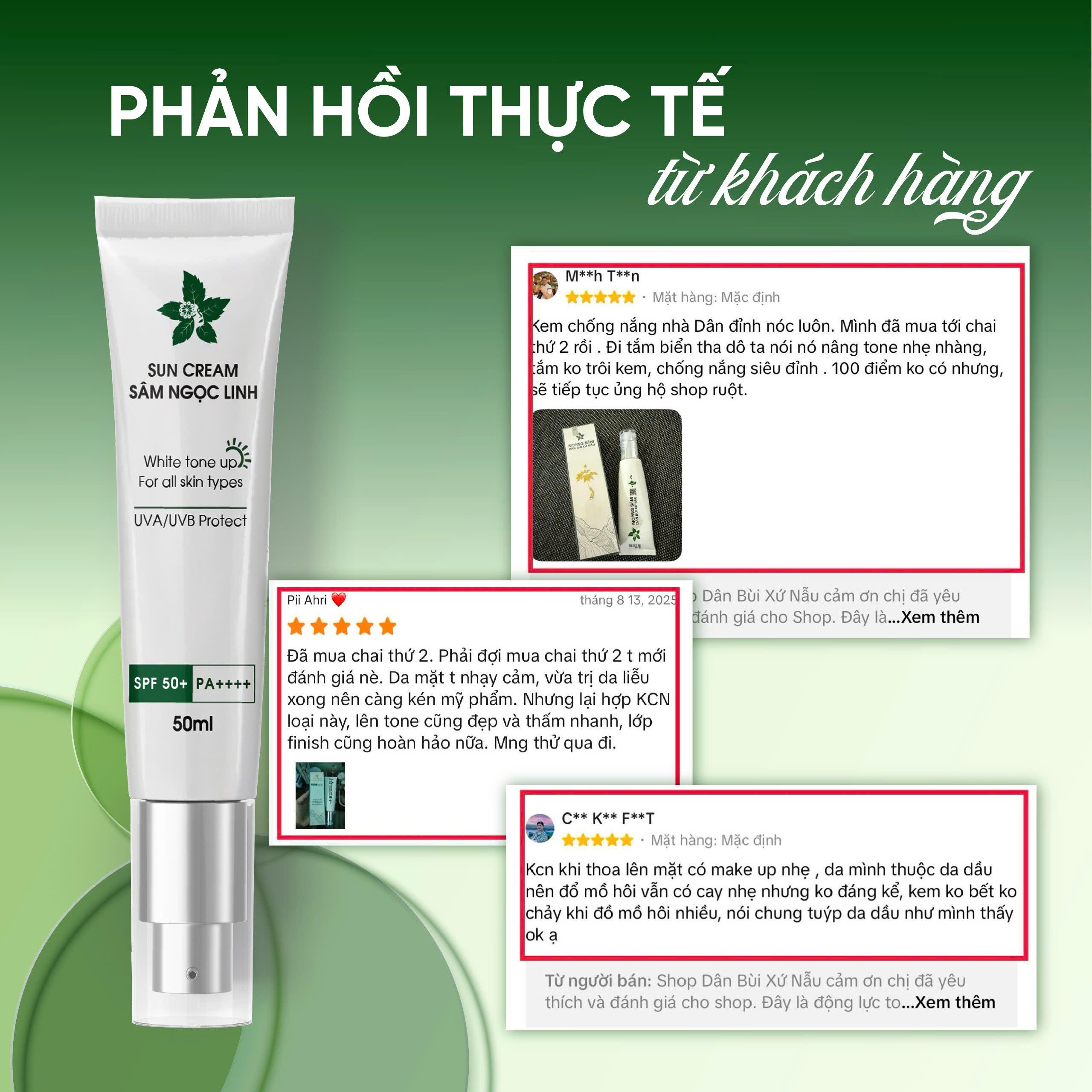 Kem Chống Nắng Nâng Tone Sâm Ngọc Linh SPF50+ PA++++ 50g – Hỗ Trợ Bảo Vệ Da, Nâng Tone, Cấp Ẩm, Giúp Da Mịn Màng | Dân Bùi Xứ Nẫu Kem Chống Nắng Nâng Tone Sâm Ngọc Linh SPF50+ PA++++ 50g – Hỗ Trợ Bảo Vệ Da, Nâng Tone, Cấp Ẩm, Giúp Da Mịn Màng | Dân Bùi Xứ Nẫu