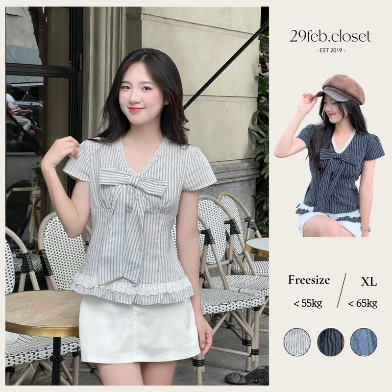 Áo sơ mi kẻ sọc cổ tim phối ren kèm nơ xinh xắn Áo kiểu bèo gấu dễ thương thời trang hè - 29feb.closet - A560