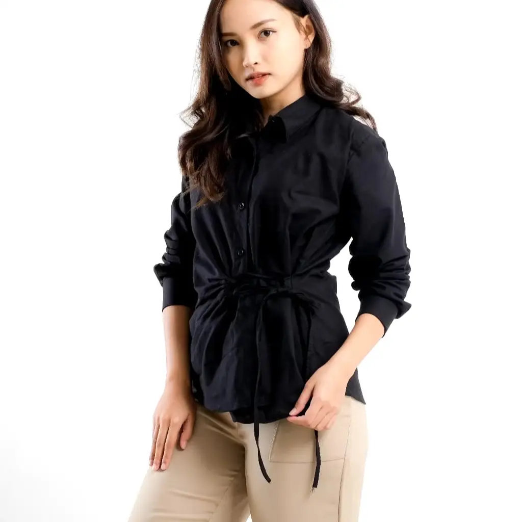 ￼Ss Karis Assymetrical Shirt Blouse Wanita Basic Kemeja Wanita Casual Hitam Panjang Atasan Baju
