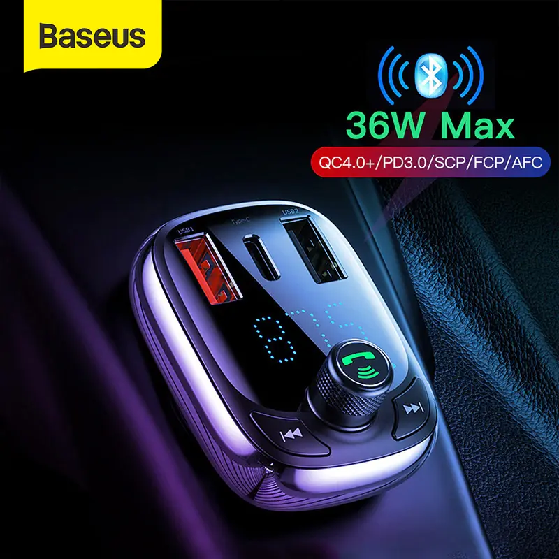 Baseus S13 Quick Charge 4.0 Car Charger Mobil PD FM Transmitter Bluetooth Fast Charging Adaptor Output USB Type C 2