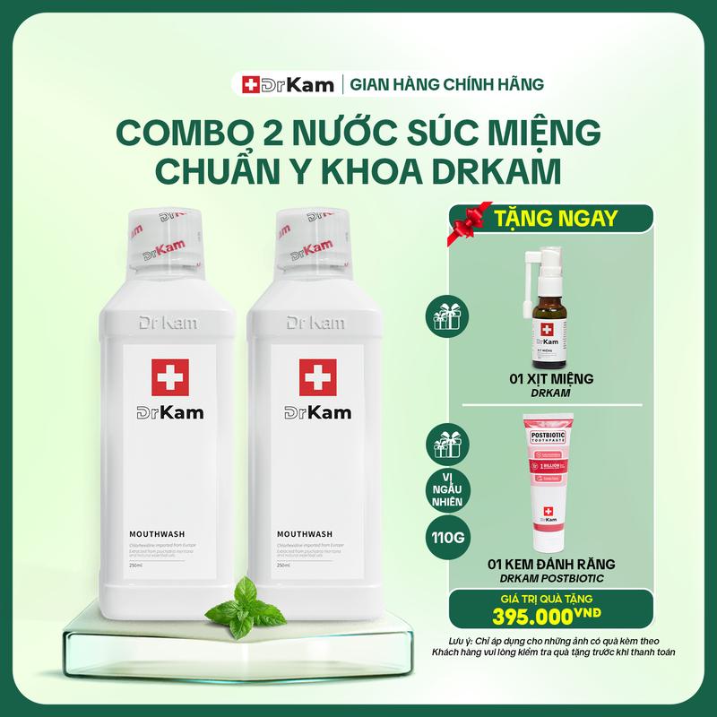 [MUA 2 TẶNG 2]Combo 2 nước súc miệng DrKam 250ml – Tặng kem đánh răng 110g và xịt miệng – Không cay, không cồn – Cho người hôi miệng, viêm nướu