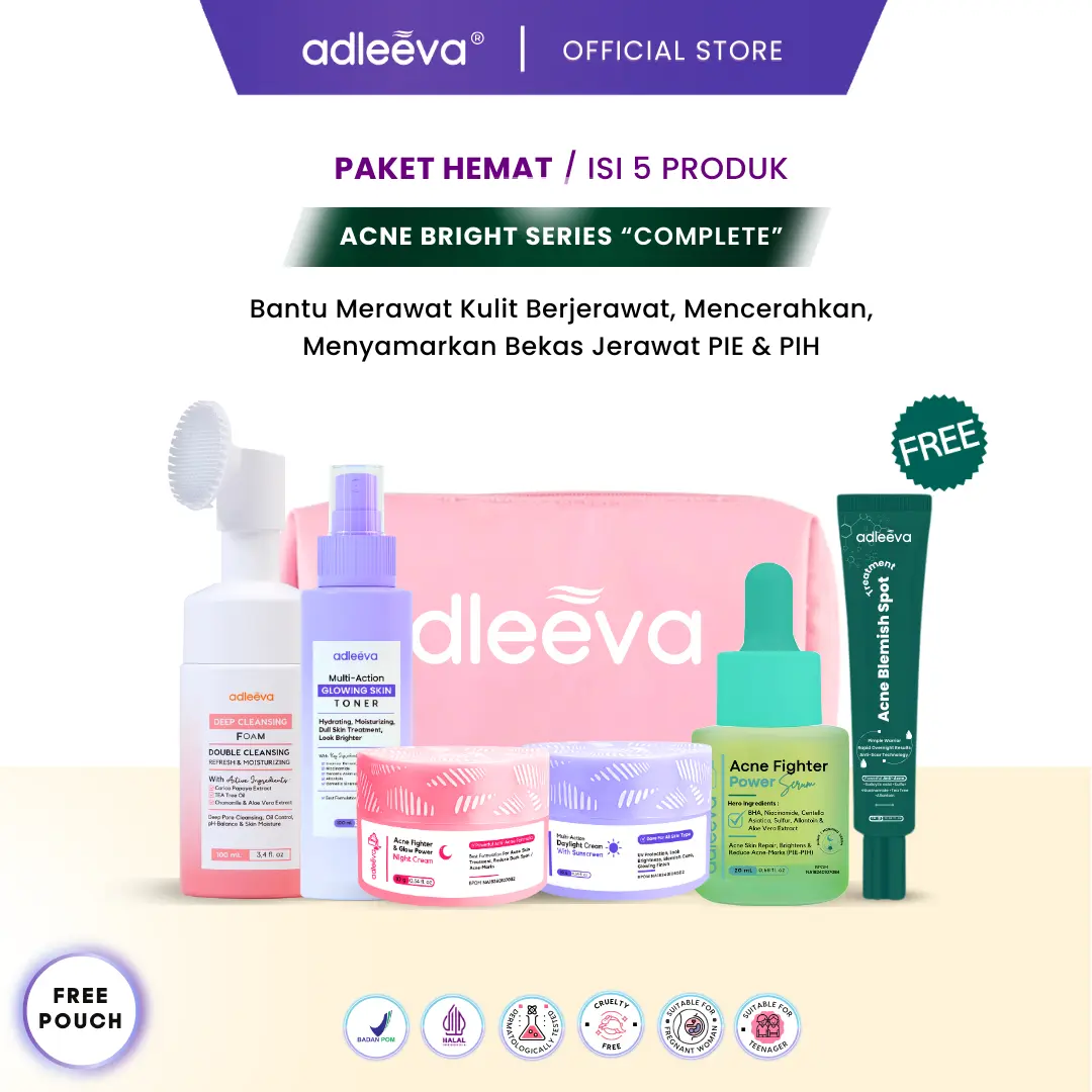 ADLEEVA Paket Hemat ACNE BRIGHT Series "COMPLETE" (Paket Hemat Isi 5) - Merawat Kulit Berjerawat, Mencerahkan, bantu samarkan bekas jerawat secara maksimal BPOM HALAL