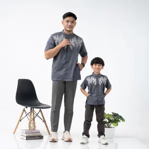 Alkinan Baju Koko Couple Ayah Anak Motif Bordir Lengan Pendek warna hitam khaki coksu abu gray biru toyobo