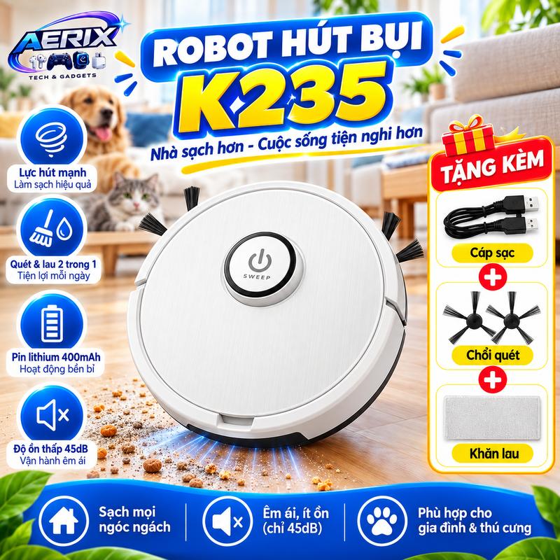 ( BẢN CAO CẤP 2027)Robot Hút Bụi Lau Nhà Thông Minh SWEEPIN ROBOT 3 Trong 1, Tự Động Quet Hút Lau Sàn, Hút Bụi Tóc Rôi, Thiết Kế Siêu Mỏng 5.5cm, Pin Sạc USB, Dùng Cho Sàn Gỗ Và Gạch Men - AERIX