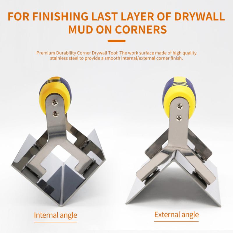 Product Introduction of Corner Trowel Stainless Steel with Grip Handle Professional Plastering Tool Wall Repair Tool for Mudding Drywall Scraping 24