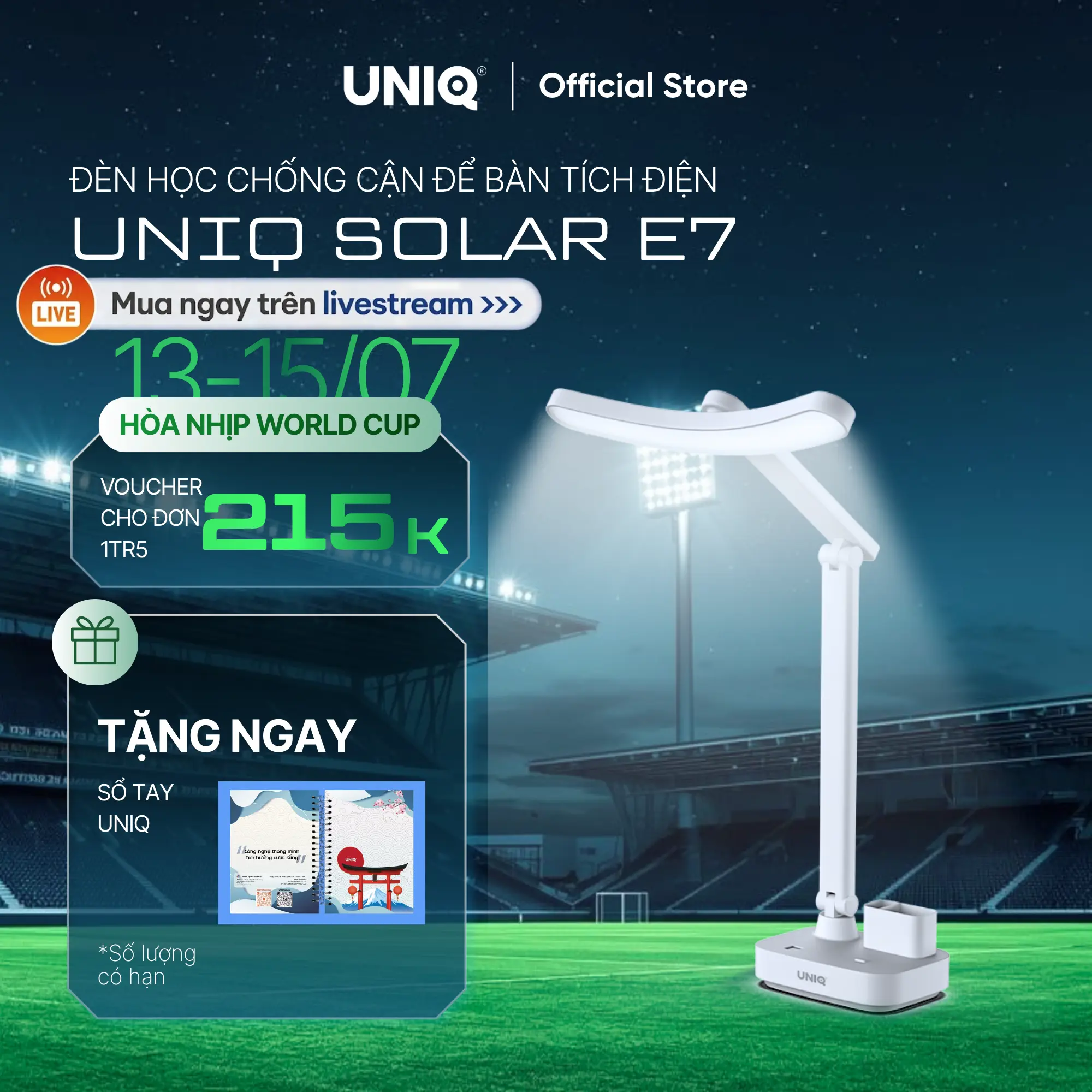 Đèn học để bàn chống cận UNIQ Solar E7 tích điện đèn đọc sách làm việc bảo vệ mắt cho bé có sạc pin