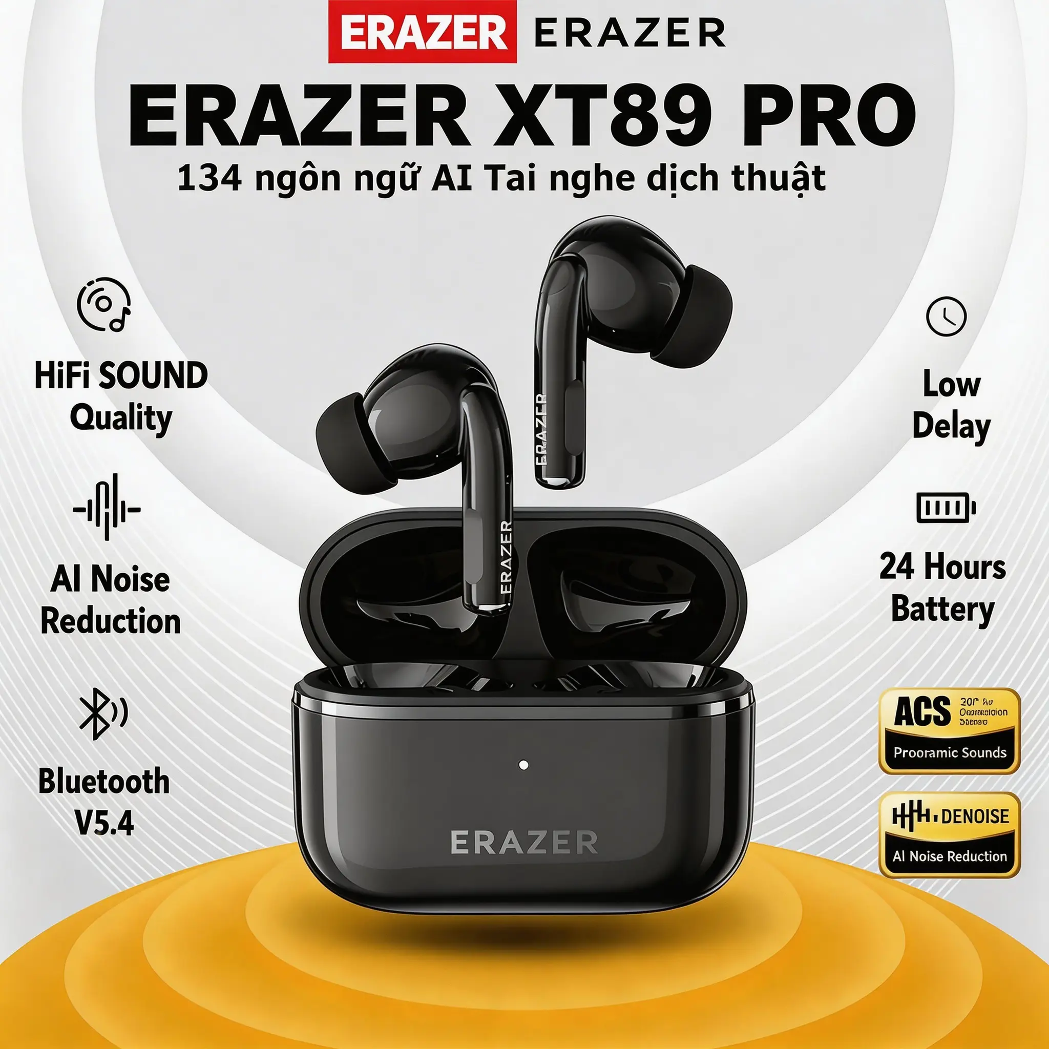 Tai Nghe Nhét Tai Nghe TWS  ERAZER XT89, Với 134 Ngôn Ngữ, Khử Tiếng Ồn, Đầu Tai Nghe Thay Thế, Điều Khiển Cảm Ứng Thông Minh, Chất Lượng Cuộc Gọi HD, Thiết Kế Chống Nước, Chất Lượng Âm Thanh HIFI, Bảo Hành 2 Năm, Hỗ Trợ Bởi Thương Hiệu LENOVO