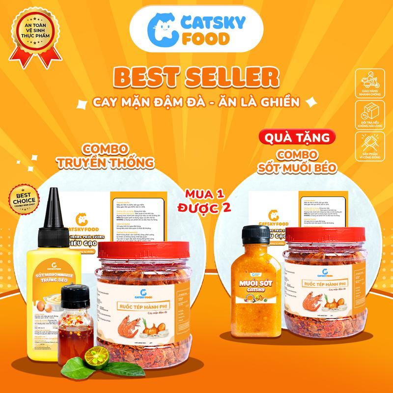 Combo Best Seller Bánh Tráng Phơi Sương - Catsky Food - Ruốc Tép Khô Hành Phi Hương Vị Đậm Đà, Bơ Trứng Thơm Béo, Đồ Ăn Vặt Snack Food Chua, Cay, Nước Sốt, Banh Trang Bơ Combobanh Tuổi Thơ