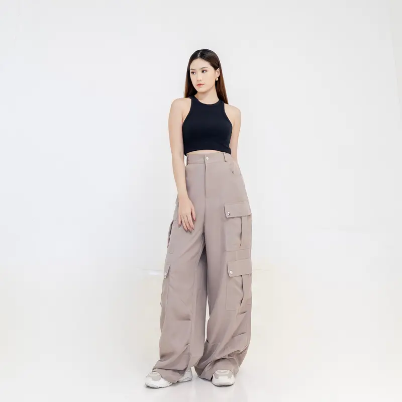 Georgios Women | Aline Pants Vol 2 | Celana Panjang Cargo Korean Wanita Kekinian High Waist Casual Cewek Dewasa Hitam Loose Karet Baggy 6