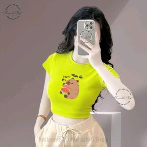 Áo Thun Croptop Basic Form Ôm Body Nữ Cổ Tròn Tay Ngắn In Hình "Capybara Style Thiếu Ăn", Kích Cở S M L, Women Sò Sen Hoa Sen Dáng Ngắn Thun