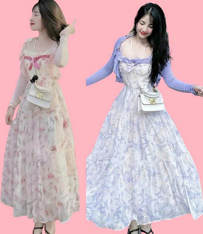 Đầm váy voan hoa nữ phối ren 2 dây cổ yếm đính nơ mocking phía sau kèm khoác tăm giấy mix chân váy dài xòe xinh xắn dành cho các nàng diện đi chơi đi tiệc