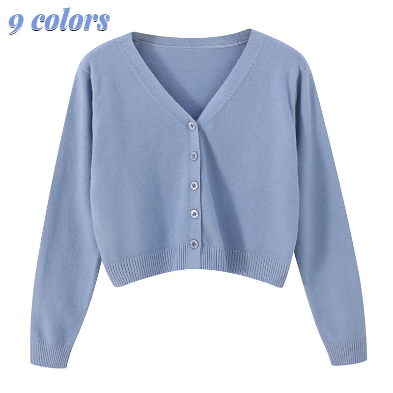 Áo Cardigan Dệt Kim, ZZOE, Dành Cho Nữ, Màu Trơn Vừa Vặn, Cổ Chữ V Ngắn Nhỏ Tay Áo Dài, Áo Khoác Mỏng Áo Sơ Mi Hàng Đầu Trắng Women Top