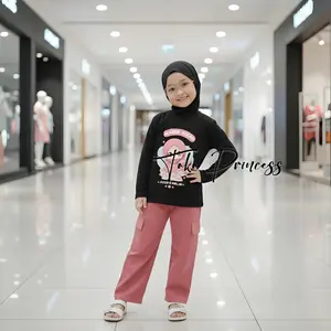 Setelan Anak Perempuan Lengan Panjang Motif Kartun Hijab Bahan Baby Terry Nyaman 3-12 Tahun