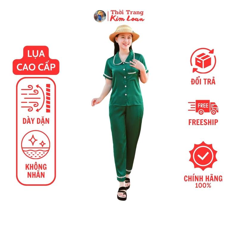 [KL17 TT] - Đồ bộ Pijama nữ tay ngắn màu xanh viền ren cách tay và cổ, chất liệu lụa Latin cao cấp 0