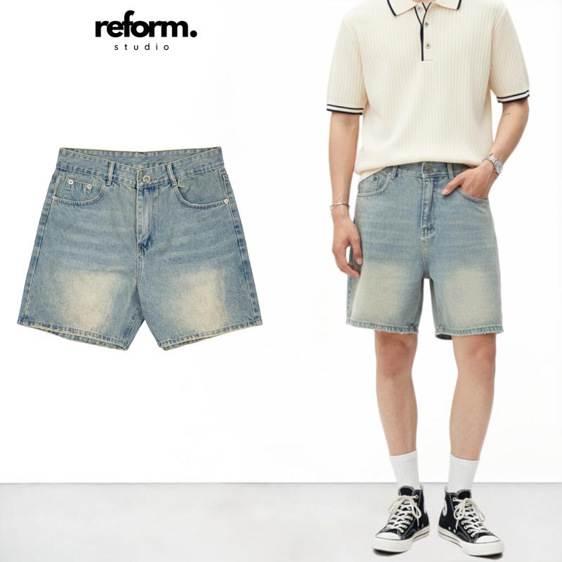 Quần Jean Short Unisex Nam Nữ, Quần Đùi Ngắn Trên Gối Màu Xanh Wash Reform RF-F2 Menswear Pants Có Túi