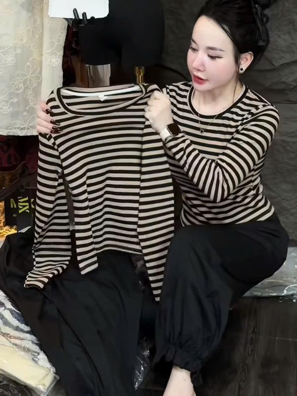 Sét bộ áo sọc rip tay dài phối quần bom trẻ trung tôn dáng thời trang