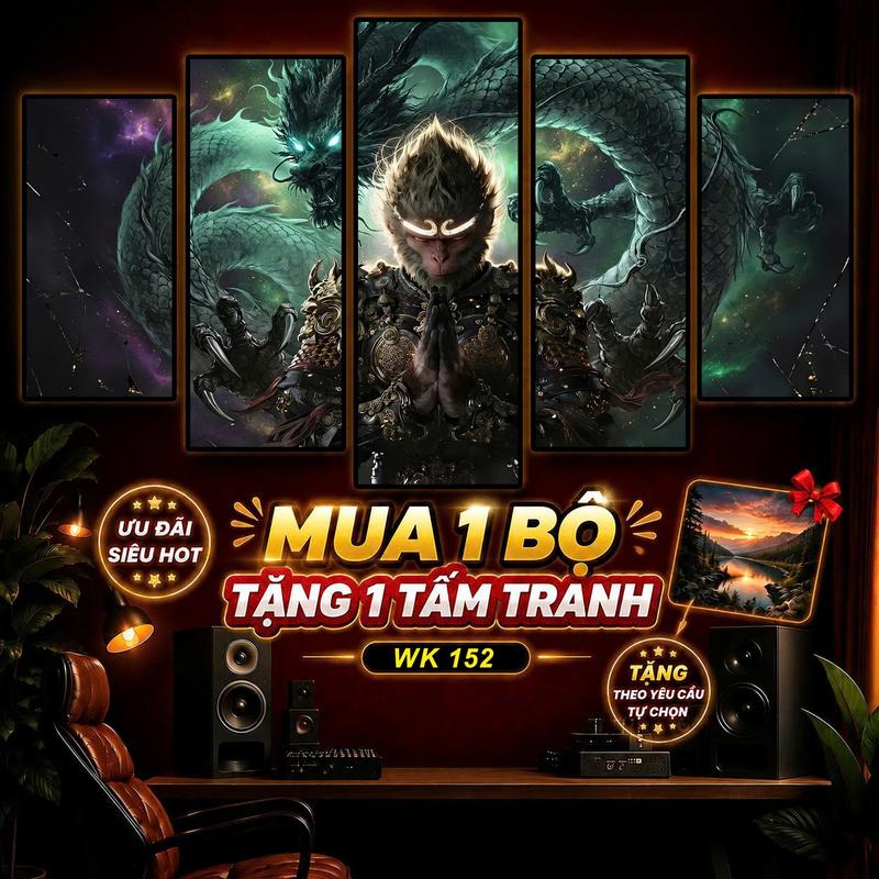 Tranh Wukong Ngộ Không- Bộ 5 Tấm Ghép Dán Tường Fomex 5mm Dán Keo Decor Trang…