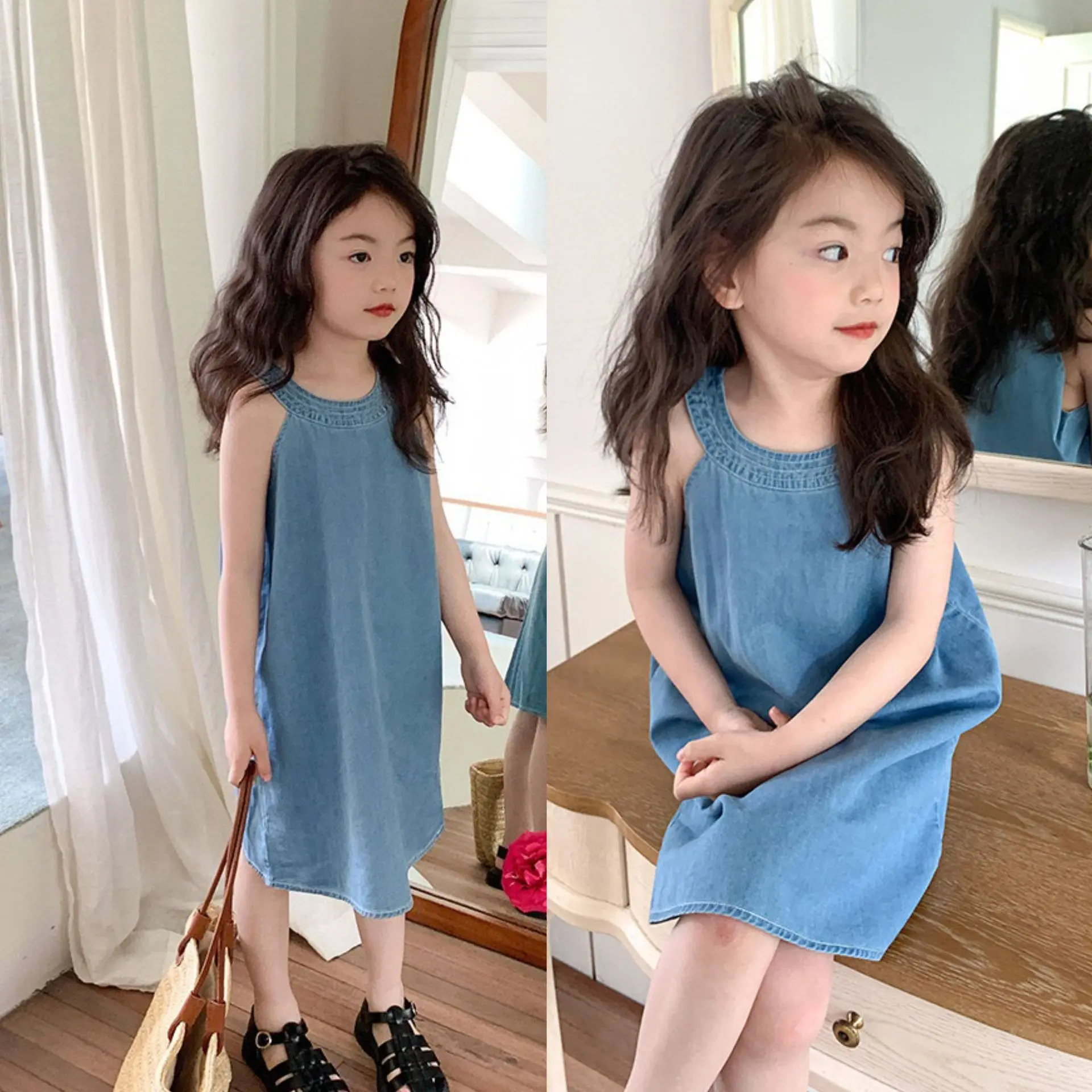 3-8 Years Old Girl's Sweet Denim Blue Dress Children's Fashion Sleeveless Dresses
