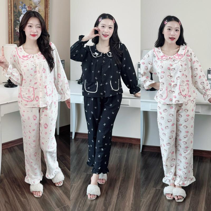 Bộ đồ nữ Teen Boutique sét cổ ren tiểu thư hoạ tiết dễ thương xinh xắn chất liệu vải đũi mềm mại co giãn thoải mái.