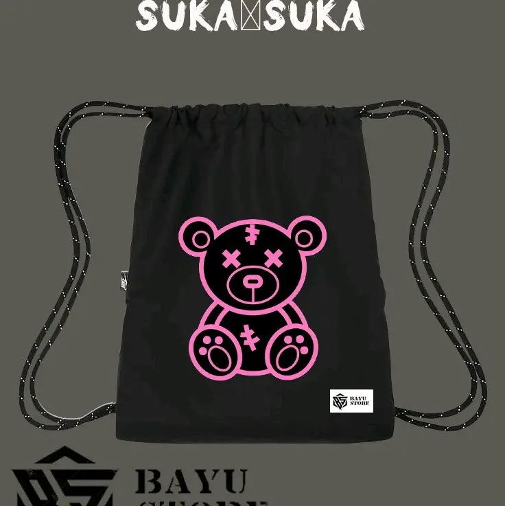 tas serut Stringbag Ransel punggung tas olahraga tas sekolah kekinian pria dan wanita.gambar boneka Tedi ber beruang lucu