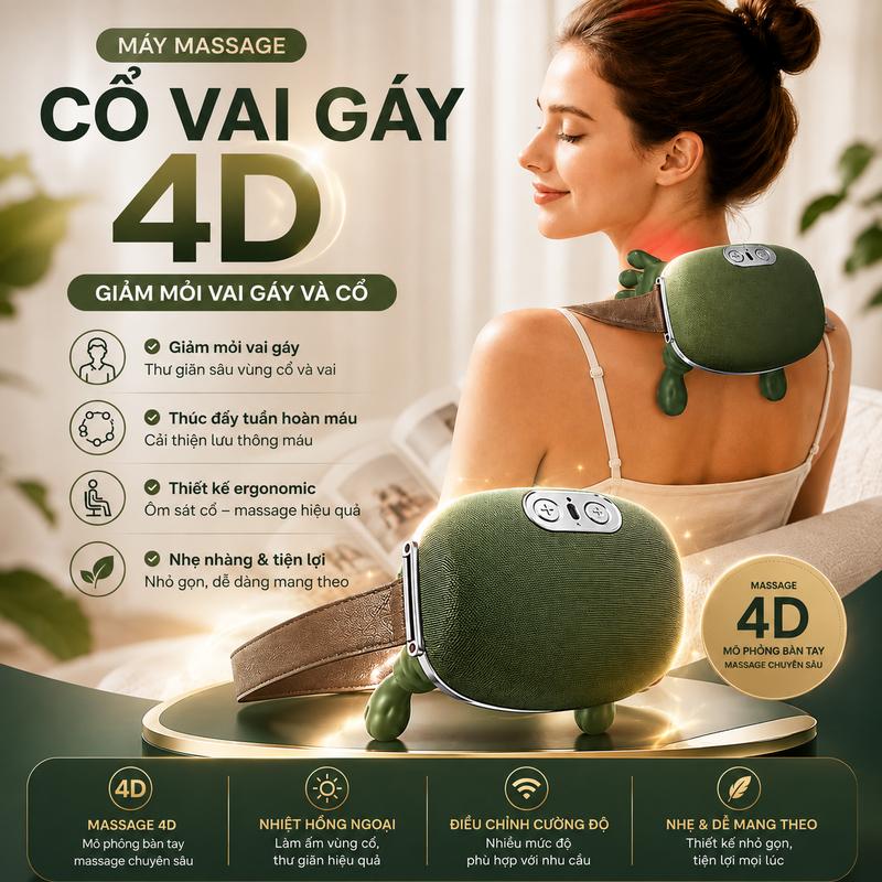 Máy Massage Cổ Vai Gáy 4D Tự Động Sạc Type C Nhiệt Ấm N