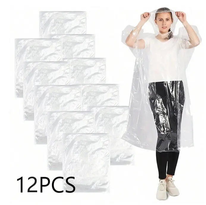 12pcs Disposable Emergency Raincoats Waterproof Ponchos Lightweight for Men and Women with Hood and Sleeves 0