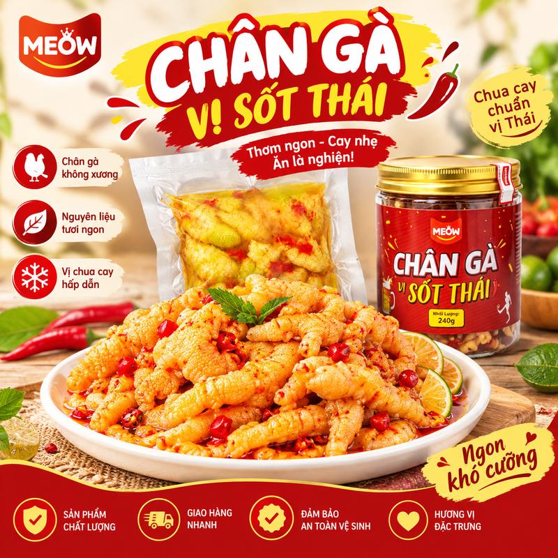 MEOW Chân Gà Rút Xương 240g Sốt Thái Cay Chua Ngọt Chân Gà Không Xương Thơm Ngon Đậm Vị Món Ăn Vặt Ăn Liền Tiện Lợi