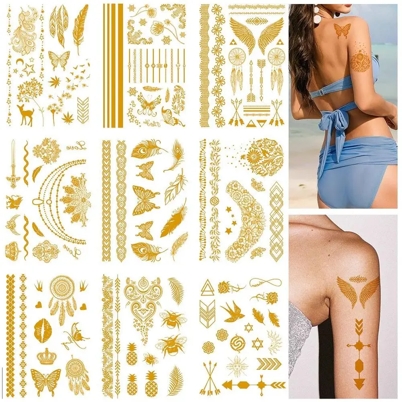 Metallic Temporary Tattoo Sticker, 9 Counts/set Glitter Fake Tattoo Sticker, Body Art Decoration for Women & Girls 7