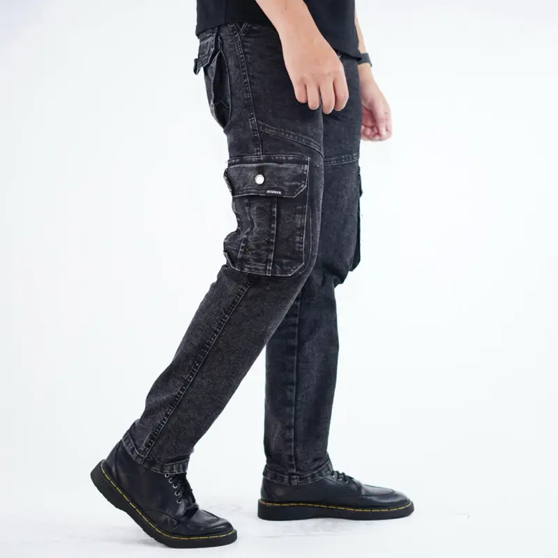 BOZRVK CARGO JEANS Celana Panjang Cargo Pria | Cargo Jeans | Celana Panjang Cargo | Celana Cargo Jeans Dark Grey Denim Fit Nyaman Santai