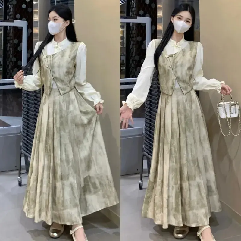 CHICMORE Gaun Wanita Motif Bergaris Rok Panjang Berkerah Lengan Panjang Gaya Kasual 0