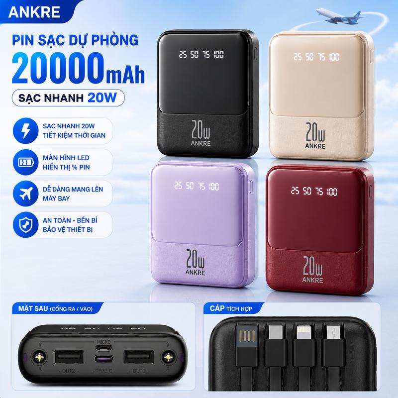 Pin Sạc Dự Phòng ANKRE 20000mAh Sạc Nhanh 20W, Màn Hình LED Hiển Thị Dung Lượng Pin, Thiết Kế Nhỏ Gọn Tiện Lợi Dễ Mang Theo, 4 Màu Thời Trang, Pin Dự Phòng Sạc Nhanh Cho Điện Thoại