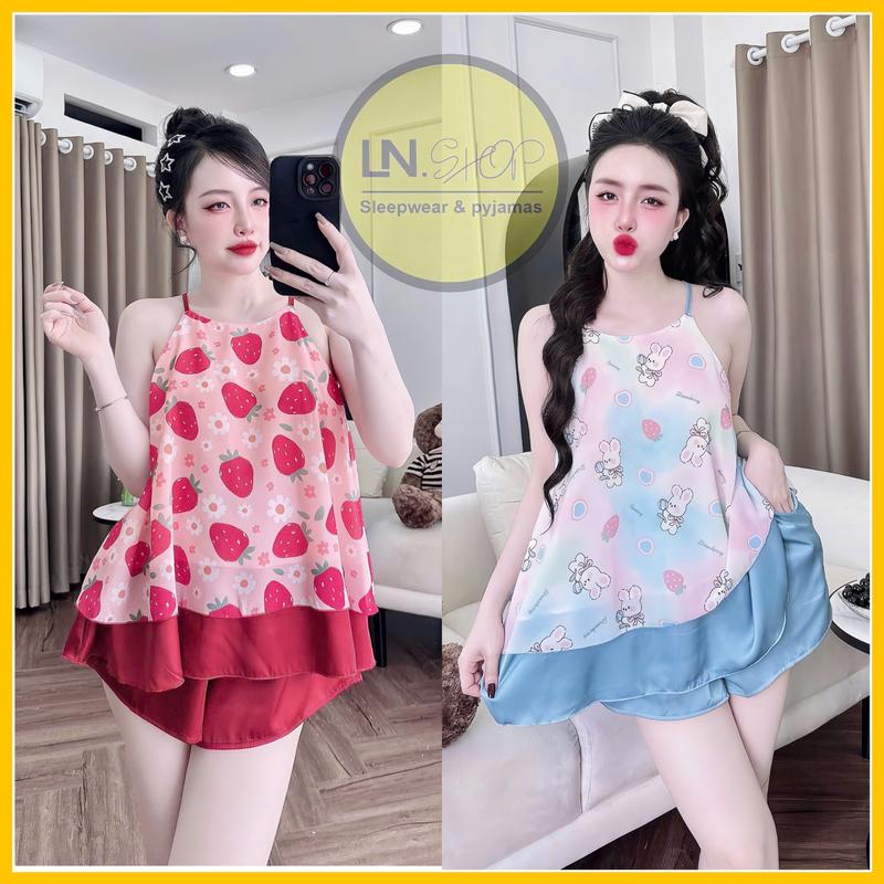 Đồ bộ ngủ áo yếm quần đùi dành cho nữ họa tiết in 3D chất liệu voan chinfong và lụa latin mềm mịn Women