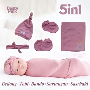Azkalisya Baby Swaddle Newborn 5in1 Bedong Topi Sartaki Bando Bayi Baru Lahir Cewek Katun Polos Perempuan Parsel set