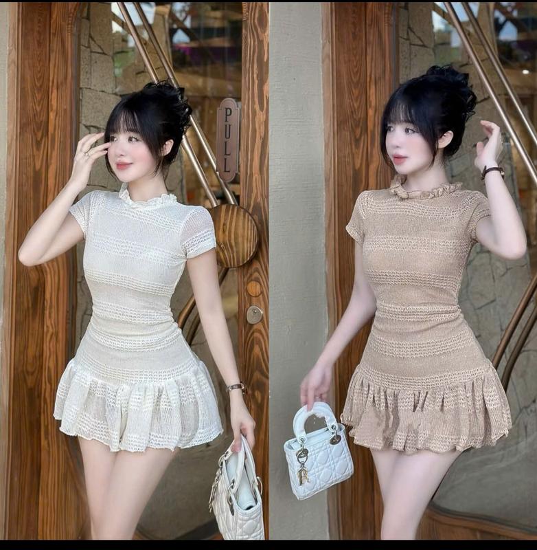   Tặng quần BH    Váy len lưới 2 lớp ngắn tay cổ tròn ôm body siêu siêu hack dáng  V254_HANHAN 