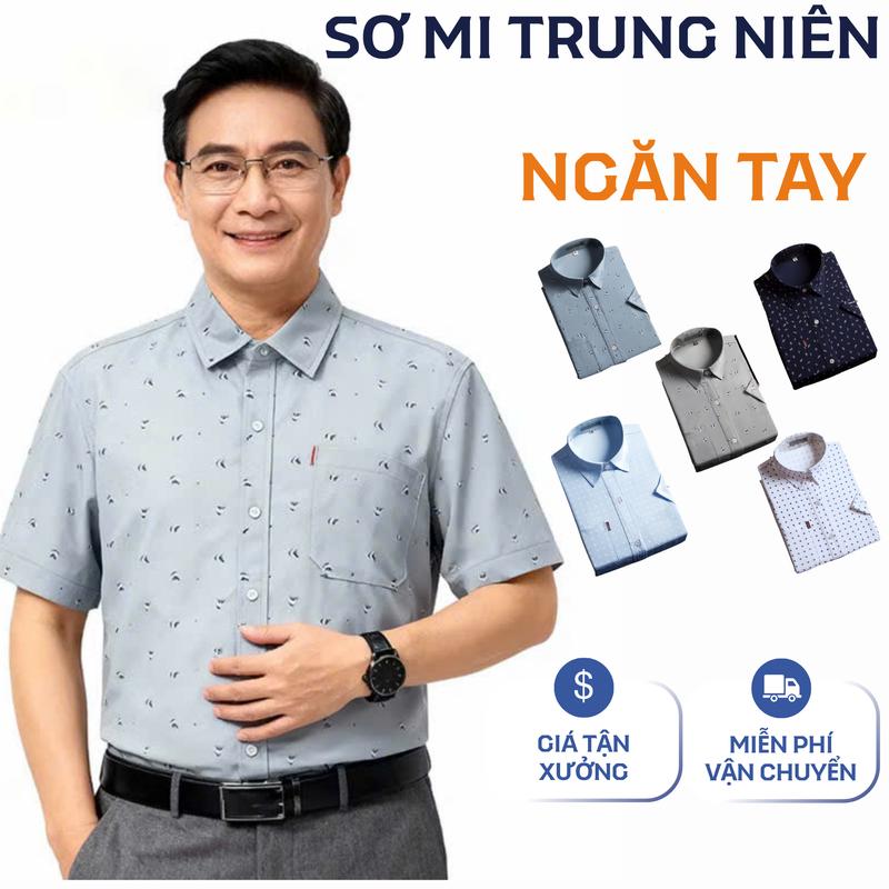  Áo Sơ Mi Nam Trung Niên Tay Ngắn Một Túi Form Rộng Vải Lụa Co Giãn Mềm Mịn Classic Menswear 
