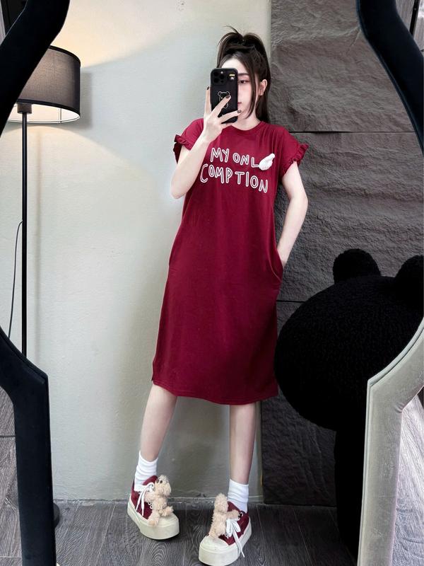 Đầm Suông Nữ Thun Cotton Cổ Tròn Tay Ngắn Form Rộng In Chữ Túi Eo Women Dress