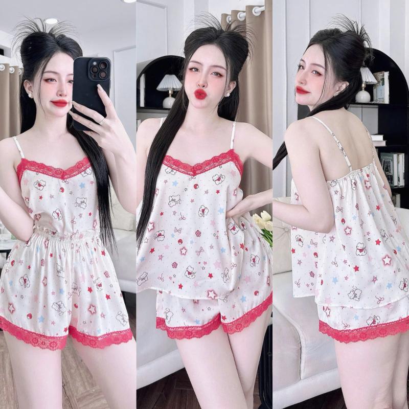 Bộ Đồ Ngủ Nữ Sexy HEUN YOUNG Đồ Bộ Nữ, Bộ Mặc Nhà 2 Dây Phối Ren Quần Đùi Lụa Latin Mềm Mịn FreeSize 40-65kg Áo Kem Women 4