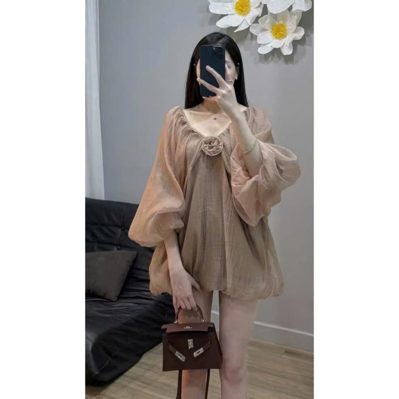 Kèm quàn Váy tơ tay bồng dáng babydoll đính hoa váy nữ xinh nhẹ nhàng