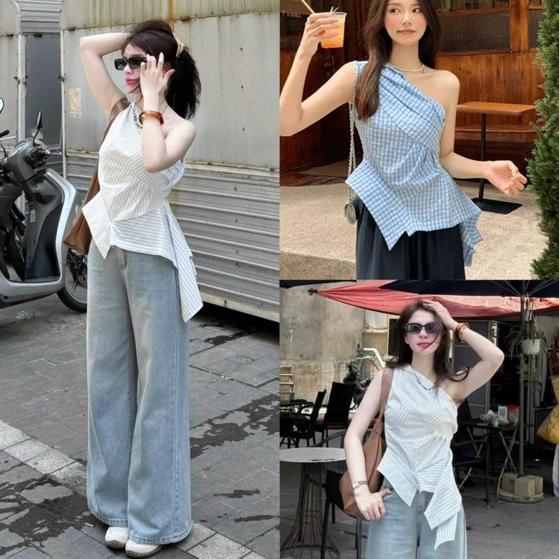 (ẢNH OLDSCHOOL) Áo sơ mi kiểu nữ trễ vai lệch tà nhọn cách điệu MINZY TOP