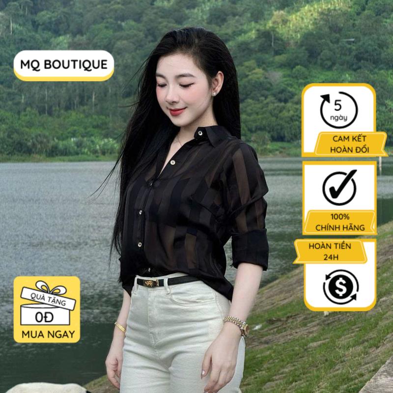 Áo sơ mi nữ lụa tằm dài tay cao cấp MQ BOUTIQUE họa tiết sọc đen nâu dáng cơ bản sang trọng