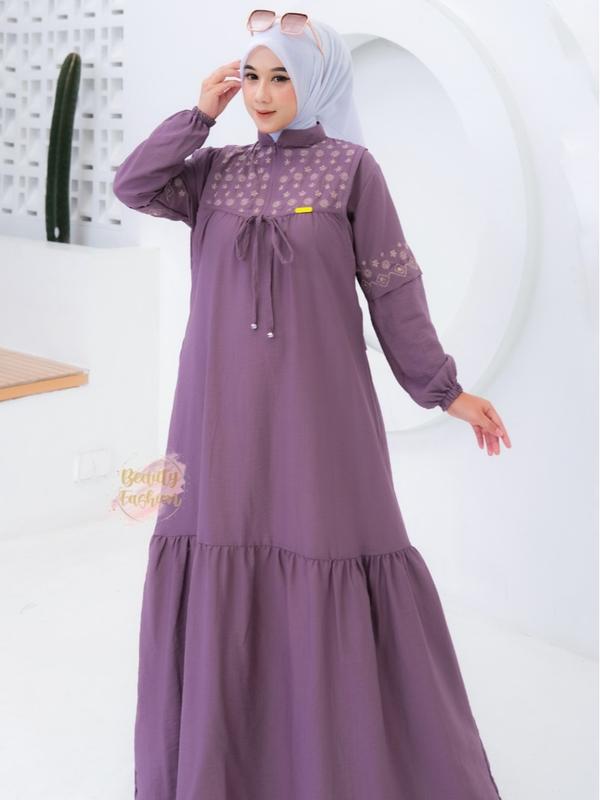 Gamis Bordir Wanita LYLYA Mat Polo Linen Premium Terbaru Busui Friendly Dress Motif Model Kekinian 8