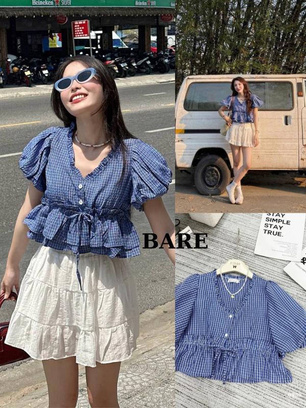 BARE_Áo Croptop Kiểu Nữ Chun Eo, Áo babydoll Tay Ngắn Phồng Layer Cổ V Bèo Phong Cách Hàn Quốc, Dễ Thương, Xinh Xắn_A570